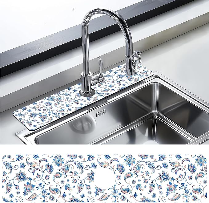 Kitchen Faucet Mat Watercolor Ceramic Floral Kitchen Sink Splash Guard Faucet Mat,1 PC Splash Guard Behind Faucet Drip Catcher for Kitchen,Dish Drying Mat,Bathroom Faucet Mat 23.5""X5.5""