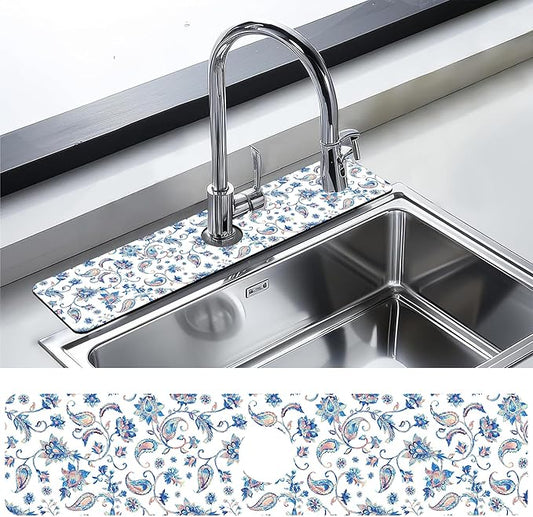 Kitchen Faucet Mat Watercolor Ceramic Floral Kitchen Sink Splash Guard Faucet Mat,1 PC Splash Guard Behind Faucet Drip Catcher for Kitchen,Dish Drying Mat,Bathroom Faucet Mat 23.5""X5.5""