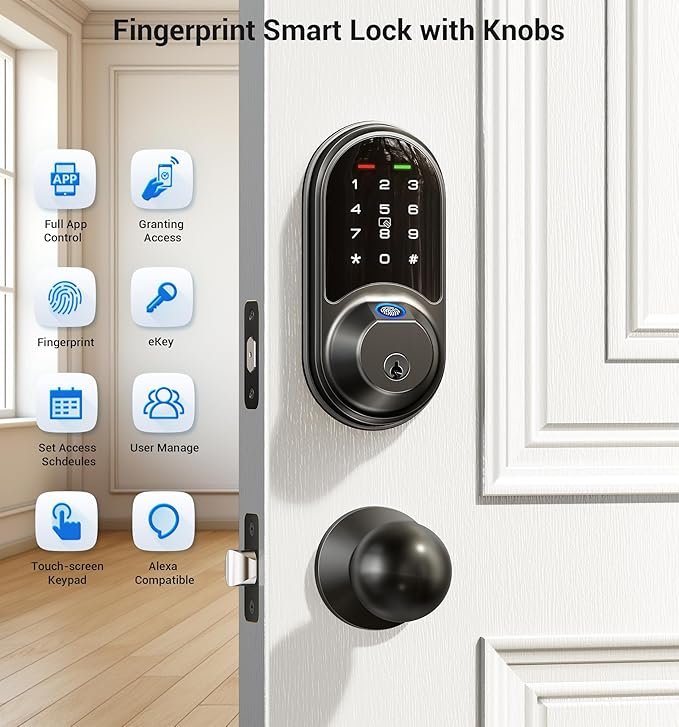 Veise RZ07C Smart Locks for Front Door, 2 Knob Handle Set, Fingerprint Keyless Entry, App Control Biometric Lock, Electronic Digital Touchscreen Keypad Deadbolt, Easy Install, Auto Lock, Matte Black