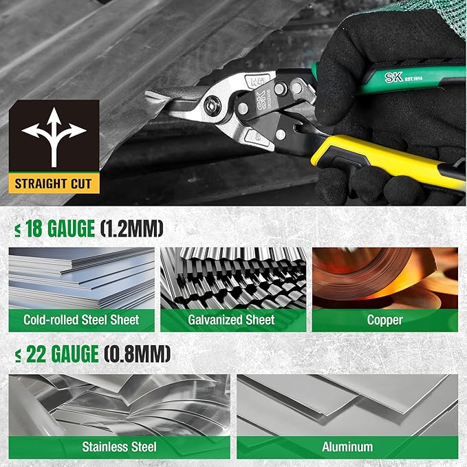 SK 10 Inch Aviation Tin Snips, Straight Cut, Cr-Mo Steel Blade, Anti-slip Handle and Safety Latch, for Cutting Sheet Metal