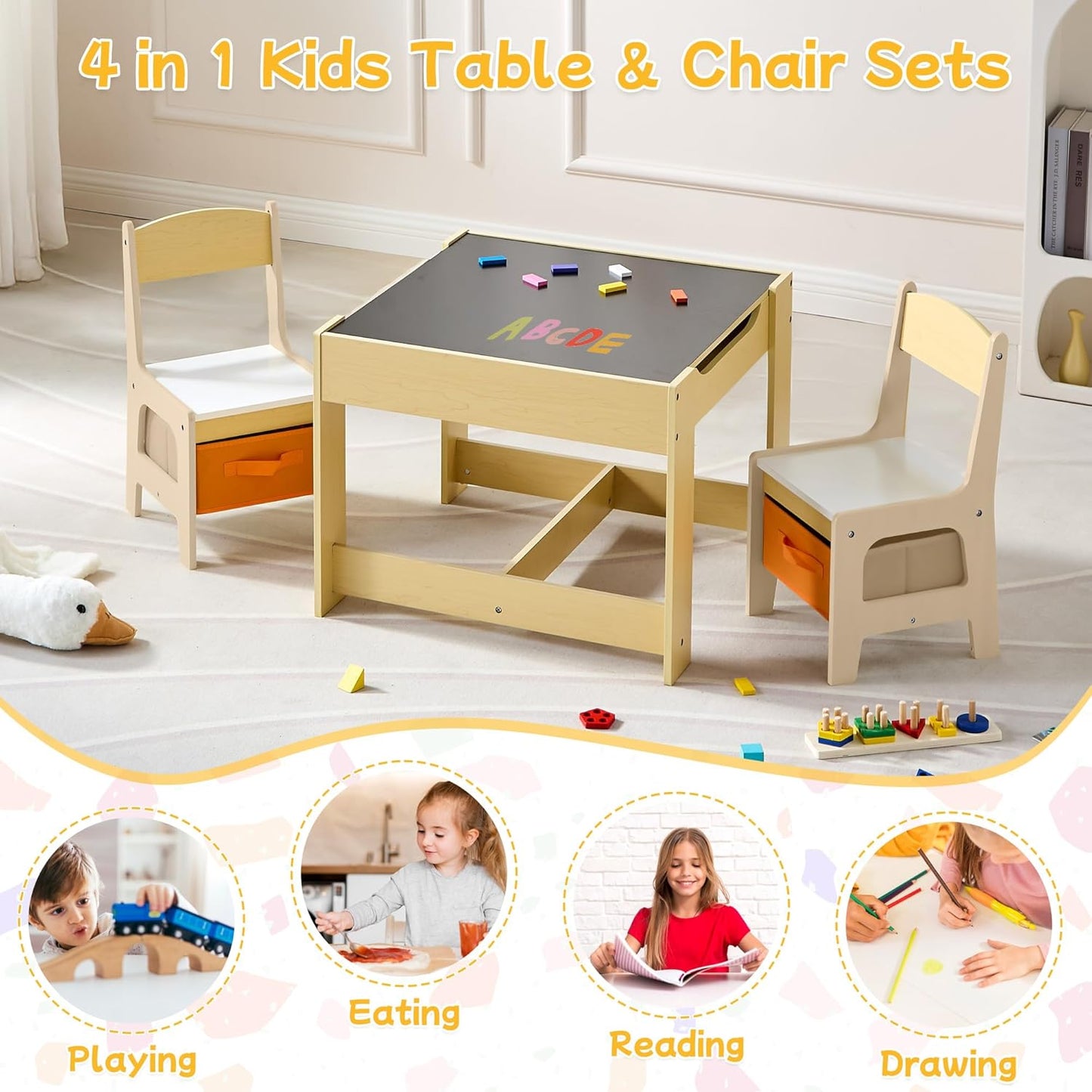 Kids Table and Chair Set, 3 in 1 Wooden Activity Table with Detachable Tabletop, Toddler Table and Chair Set with Storage Drawer, Kids Play Table for Children Art, Craft, Eating, Learning
