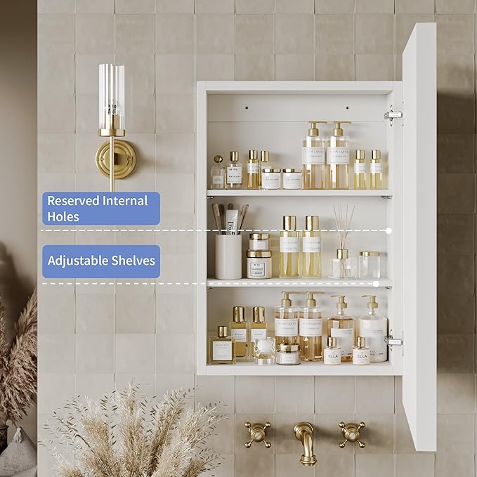 Retro-Style Medicine Cabinet with 17’’x27’’ Solid Wood Mirror Frame, Bathroom Recessed Wall Cabinet, Living Room Wood Storage Cabinet, White