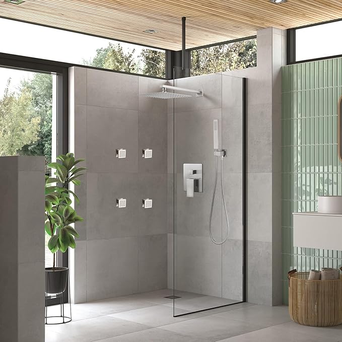 Full Body Shower System Concealed Shower Faucet Set with Body Massage Jets 10 Inch Shower Head Trim Kit 3 Function Wall Mount High Pressure for Bathroom