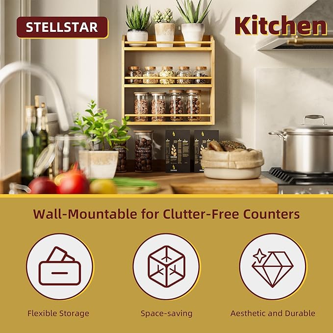 Spice Rack Wall Mounted, Spice Organizer for Counter, Bamboo Spice Storage Holder for Kitchen Cabinet, Pantry (Spice Jars Not Included, Natural)