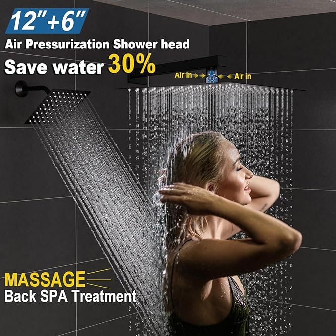 Enga Thermostatic Dual Shower System, 12"+6" Wall Mount Dual Rain Shower Faucet, All Functions Use Together & Volume Adjustable, Matte Black