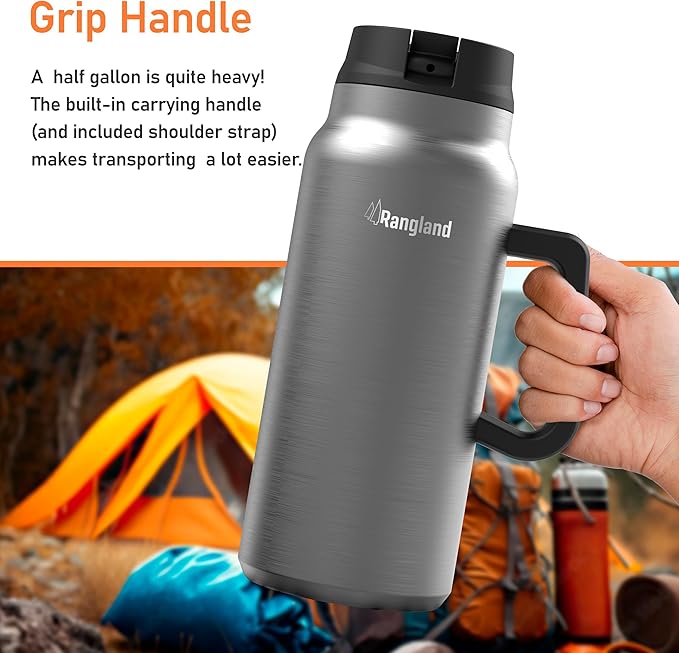 Filtered 64 oz Tumbler with Handle and Carrier Bag - Insulated Wide Mouth Water Bottle with Ahlstrom Filter System, Spill-proof Straw Lid and Padded Shoulder Strap (Stainless Steel)