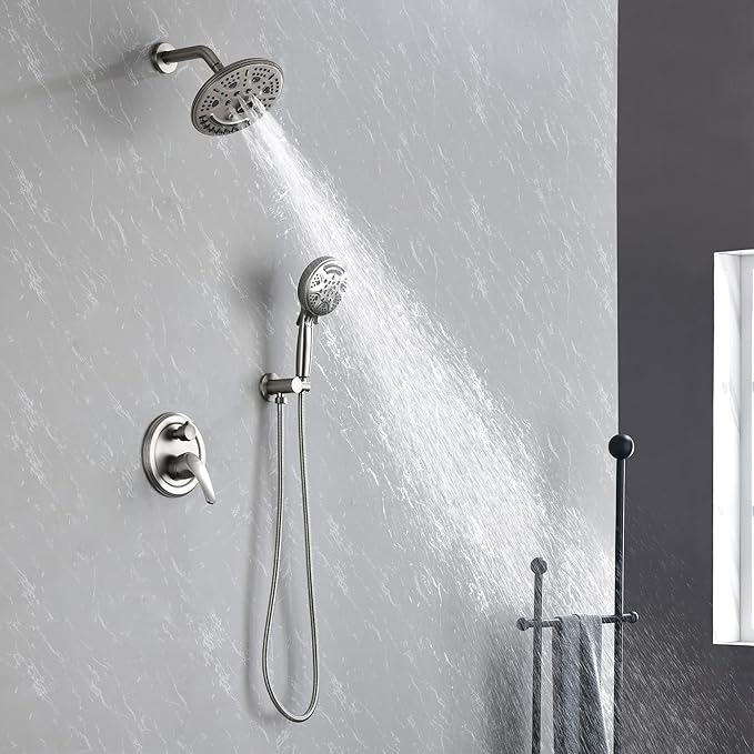 SHAMANDA 15-Function Shower System with Valve and Trim, Bathroom Luxury Shower Faucets Sets Complete with 9 Setting Handheld showerhead & 6 Setting Rain Shower, Wall mounted, Brushed Nickel, L8082-2