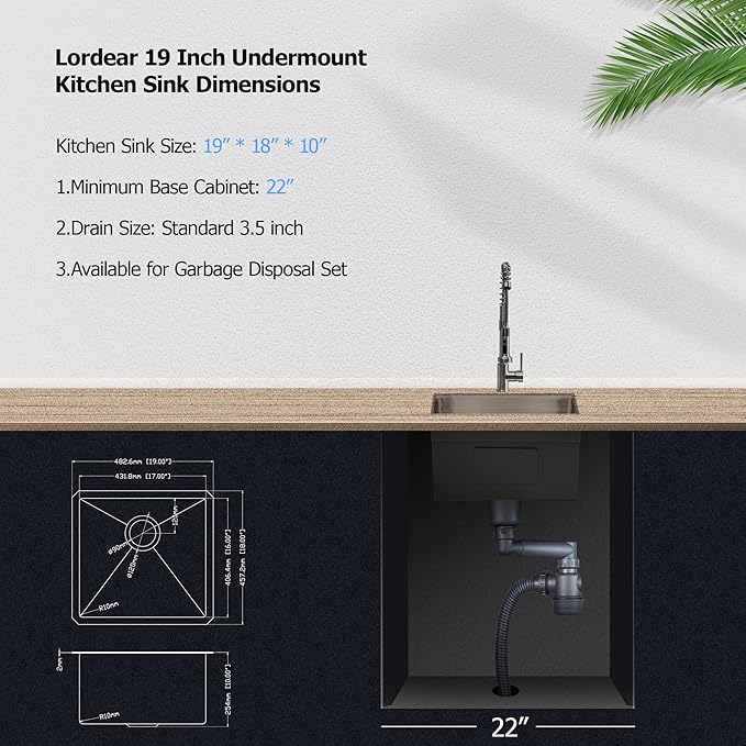 Lordear 19 Inch Undermount Kitchen Sink 19" x 18" Undermount Sink 16 Gauge Stainless Steel Deep Single Bowl Ledge Kitchen Sink