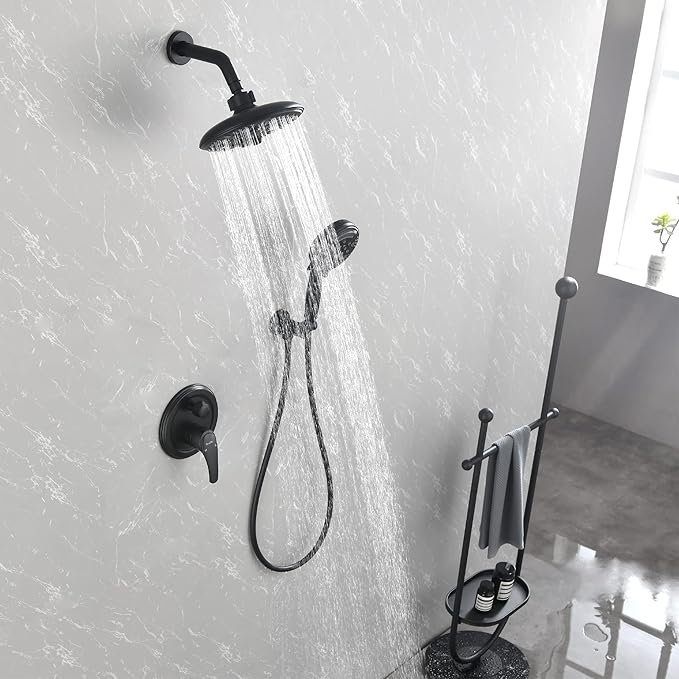 SHAMANDA 15-Function Shower System with Valve and Trim, Bathroom Luxury Shower Faucets Sets Complete with 9 Setting Handheld showerhead & 6 Setting Rain Shower, Wall mounted, Matte Black, L8082-7