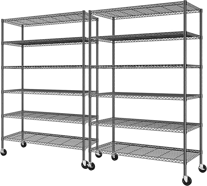 82" H X45 W X18 D Storage Shelves with Wheels, 6 Tier Wire Shelving Adjustable Metal Shelving Pantry Shelves Capacity 1200LBS for Garage Shelving, Pantry, Kitchen, Closet, Black,2P