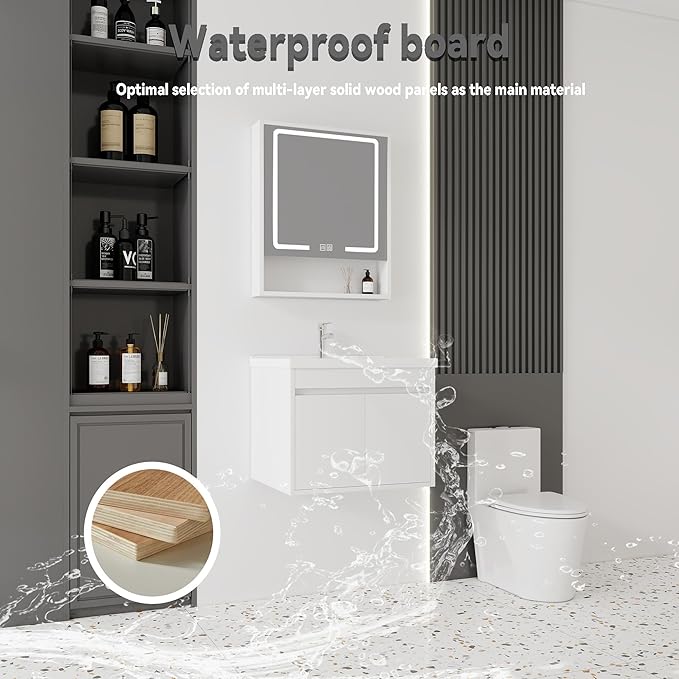 24'' Bathroom Vanity with Ceramic Sink Combo and Medicine Cabinet Mirror with Led Light/Defog, Wall Mounted Small Bathroom Vanity with Soft-Close Door Modern Floating Cabinet, White(No Faucet)