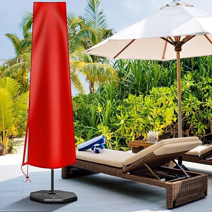 OKPOW Patio Umbrella Cover for 9ft to 12ft Outdoor Umbrellas - 420D Waterproof Garden Market Umbrella Cover Outside Parasol Covers with Zipper for Deck Pool Beach Umbrellas, Red