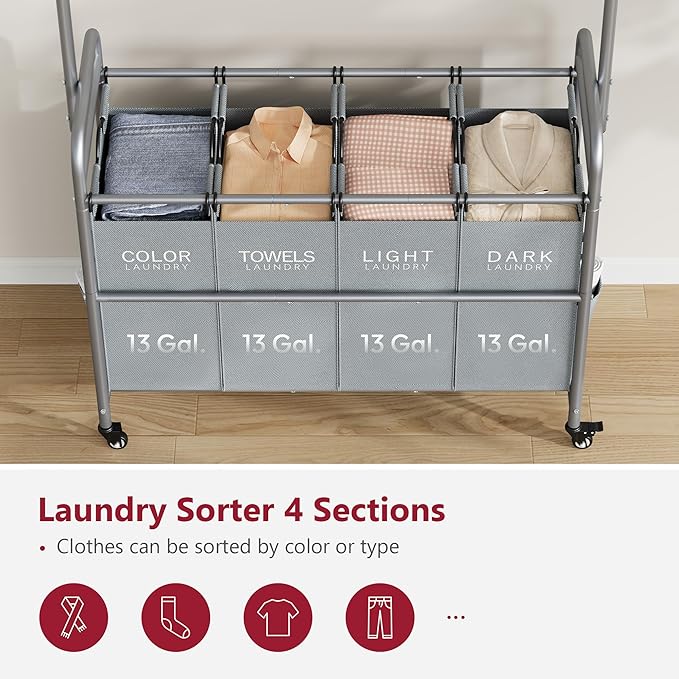 Tajsoon Laundry Sorter with Hanging Bar, 4 Section Rolling Laundry Hamper with Heavy Duty Lockable Wheels, Laundry Sorter Cart for Bathroom & Bedroom, Gray