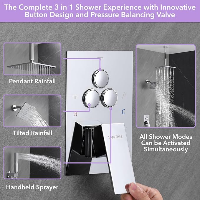 VANFOXLE Shower Faucet Set Chrome Shower System,Push Button Diverter Shower Faucet with 2 in 1 Handheld,Ceiling Mount Increased Thickness 10 Inch Shower Head with 6 Inch Wall Mount Shower Head