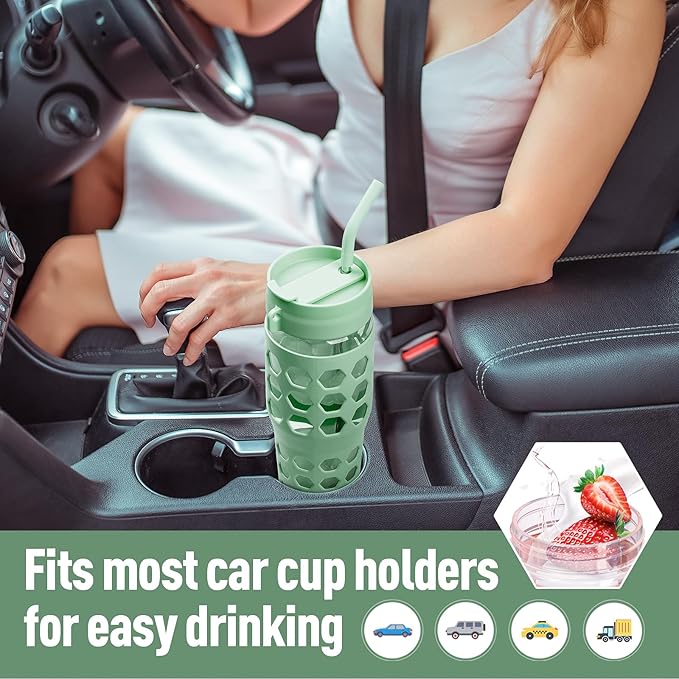 MUKOKO 32 oz Glass Tumbler with Straw,Glass Water Bottles with Time Marker,Iced Coffee Cup with 2 Lids-Handle Spout Lid&Straw Lid,Silicone Sleeve,Leakproof,1 Pack-Green