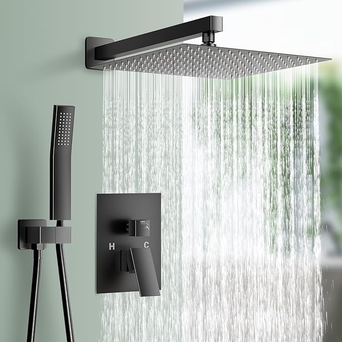 NERDON Shower System, 12 Inch Matte Black High Pressure Rain Shower Head with Handheld, Wall Mounted Mixer Shower Combo Set, Bathroom Rainfall Shower head Shower Faucet Brass Shower Valve and Trim
