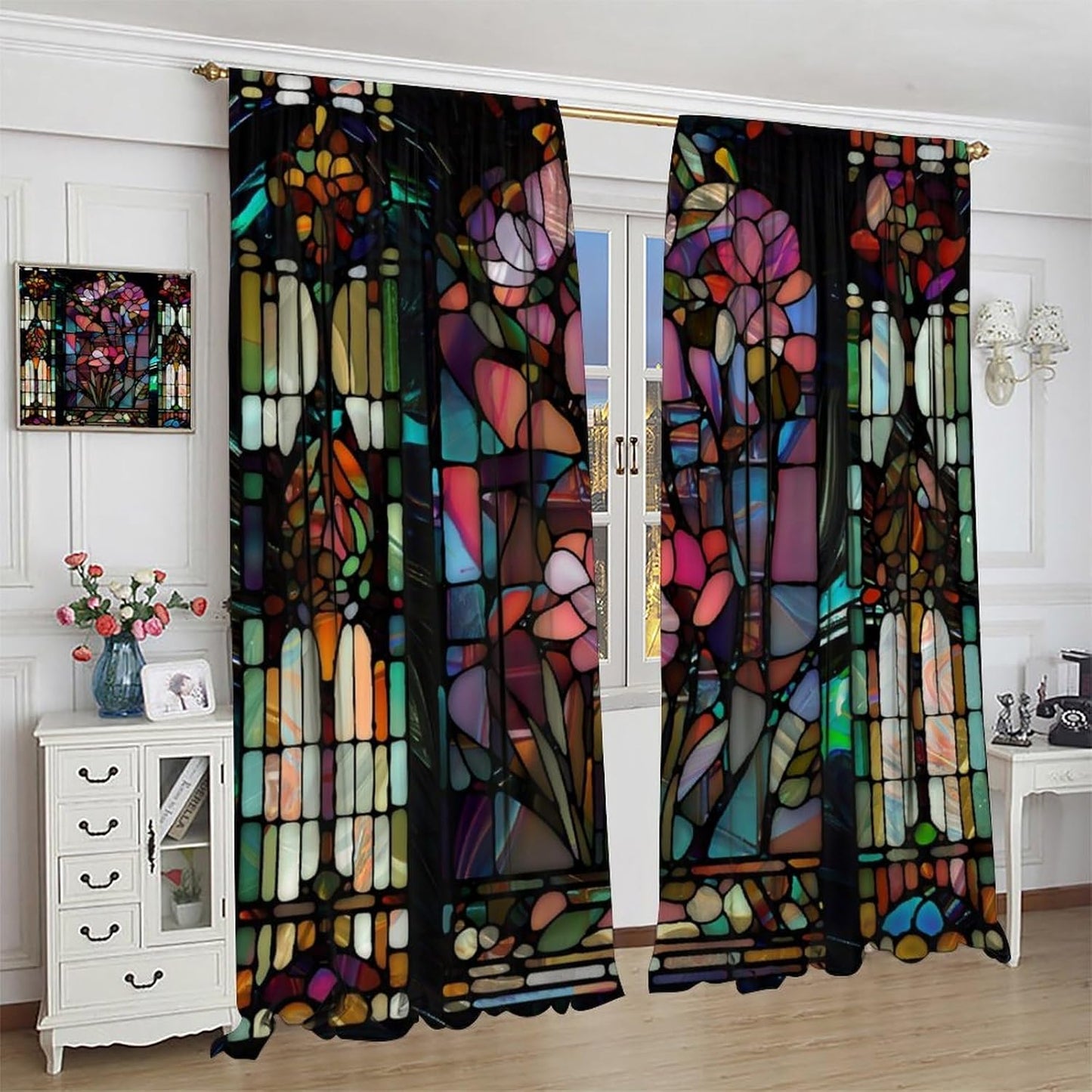 Stained Glass Curtains,Vintage Colorful Abstract Art Home Decor Drapes for Bedroom Living Room Kitchen Window Treatment 2 Panels Set Total Size 84" W X 84" L Inch