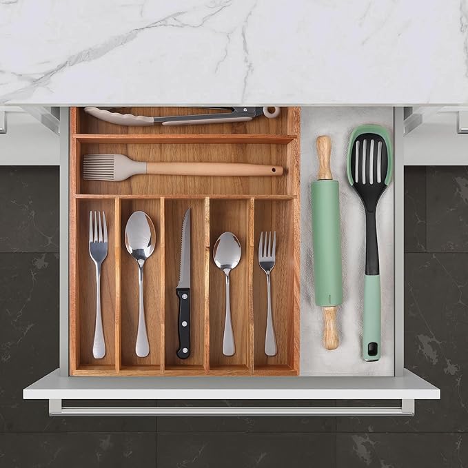 Kitchen Acacia Silverware Organizer - Extra Deep Grooved Drawer Divider, 7 Slot Utensil Organizer