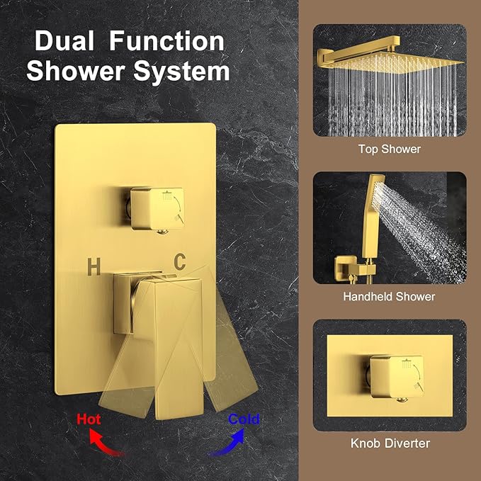 JOMEOO® 12 Inch Brushed Gold Shower System, Wall Mounted High Pressure Rain Shower Head with Handheld Sprayer, Bathroom Luxury Gold Shower Head Shower Faucet Set Rough in Valve Body and Trim