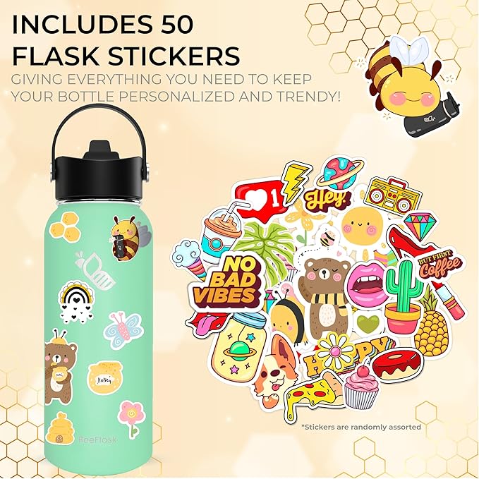 Sports Water Bottle - 32 Oz, 3 Lids (With straw), 50 Cute Stickers, Vacuum Insulated, 308 Stainless Steel, with a Portion of Sales Supporting Bee Conservation Efforts (Mint Green)