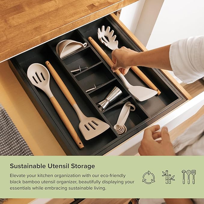 KitchenEdge Adjustable Kitchen Drawer Organizer for Utensils and Junk, Food-Safe Contract Grade with 100% Sustainable Wood, Expandable from 16 to 28 Inches Wide - Black Bamboo