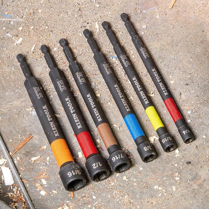 Klein Tools 32930 SAE Magnetic Impact Nut Setter Set, 6-Piece Color Coded Power Nut Driver with Extended Reach, 6 SAE Sizes