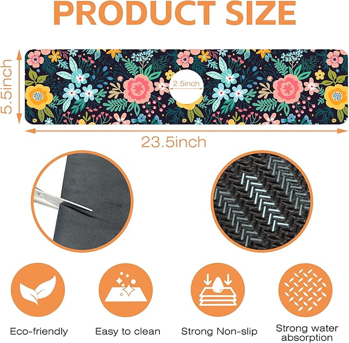 Kitchen Faucet Mat Bright Colorful Flowers Kitchen Sink Splash Guard Faucet Mat,1 PC Splash Guard Behind Faucet Drip Catcher for Kitchen,Dish Drying Mat,Bathroom Faucet Mat 23.5""X5.5""