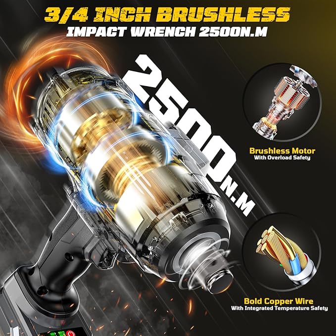 Cordless Impact Wrench 3/4 inch compatible with Dewalt 20V Battery, 1850ft-lbs (2500N.m) Brushless Electric Impact Gun, High Torque Impact Driver, Bare Tool Only, Heavy-Duty Automotive & Industrial