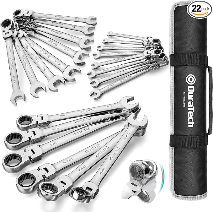 DURATECH Flex Head Ratcheting Wrench Set, Combination Wrench Set, 22-piece, Metric & SAE, 1/4" to 3/4" & 6-18mm, CR-V Steel, Mirror Polished, with Pouch