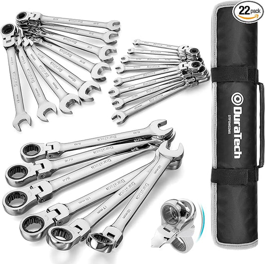 DURATECH Flex Head Ratcheting Wrench Set, Combination Wrench Set, 22-piece, Metric & SAE, 1/4" to 3/4" & 6-18mm, CR-V Steel, Mirror Polished, with Pouch