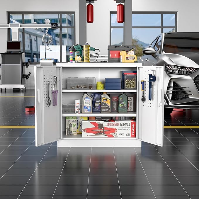 Metal Storage Cabinets with Pegboards and Hooks, 31.5" H Metal Garage Cabinets with Locking Doors and 2 Adjustable Shelves for Home,Office,Garage,School,Assembly Required,White