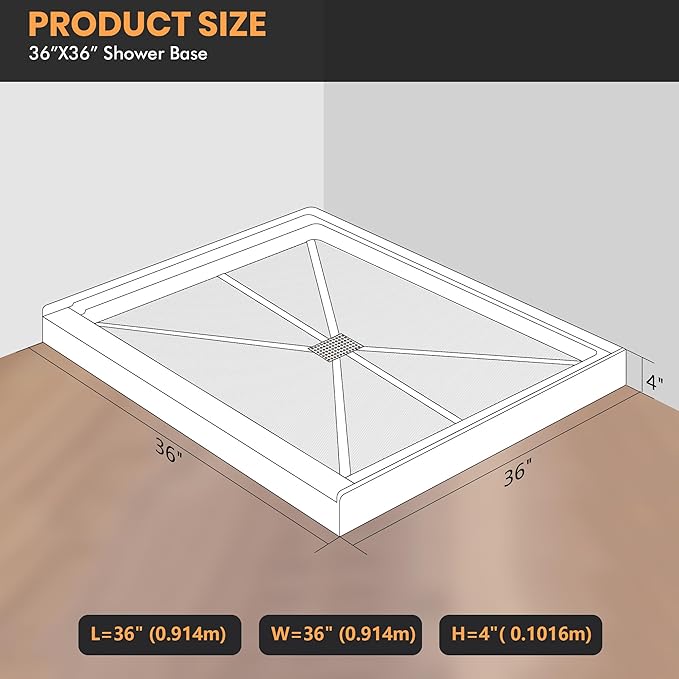 Shower Base 36"×36"×4", Single Threshold Shower Tray with Center Drain, Square SMC Shower Pan, White Slip Resistant Textured Surface Shower Base for Bathroom