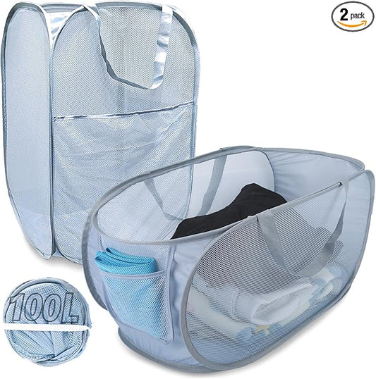 Extra Large Mesh Pop Up Laundry Hamper 2 Pack, 100L Foldable Laundry Baskets, Dirty Clothes Hamper with Pocket, Collapsible Hampers for Travel, Dorm or Home. Grey H+V