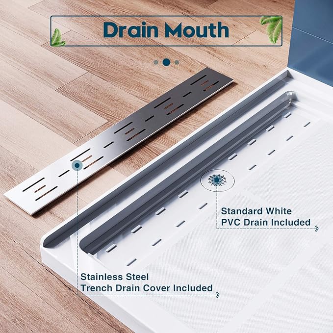 ELEGANT 60'' L x 32'' W x 4'' H Shower Base with 304 Left Trench Stainless Steel Drain Solid Surface Shower Pan White Including Drain Cover
