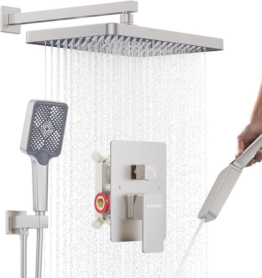 Shower System 13-Inch Rainfall Shower Head - 3 Setting Handheld Sprayer, Complete Bathroom Set with Faucet Mixer Trim Kit & Valve Brushed Nickel