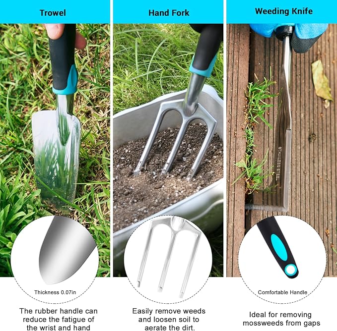 Garden Tool Set with Non Slip Rubber Grip,11 Piece Stainless Steel Gardening Tool Sets,Heavy Duty Outdoor Hand Tools Kit,Durable Tote Bag,Repotting mat,Uprooting Weeding Tool,Ideal Gifts for Women Men