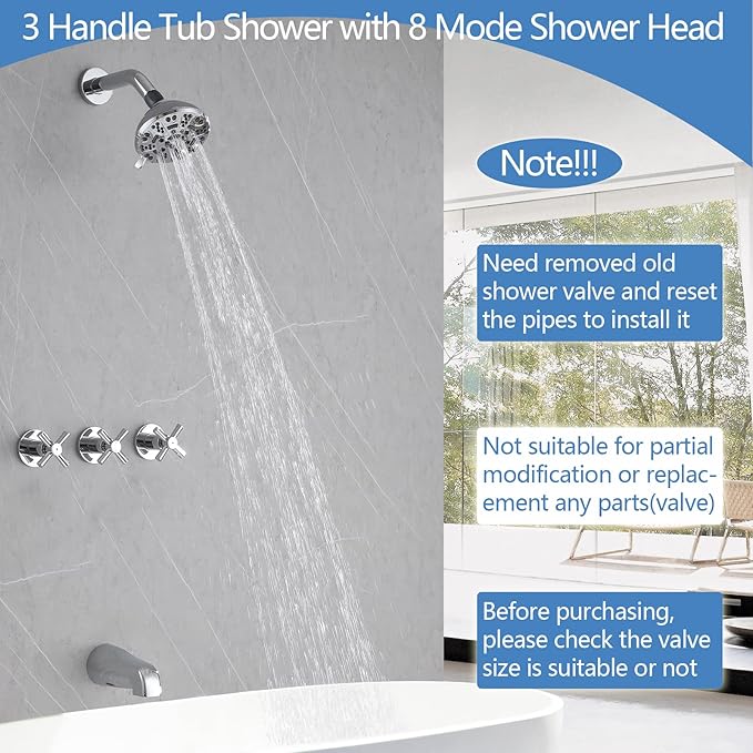 3 Handles Shower Faucet Set with Tub Spout Bathtub Shower Faucets Combo Set Shower System Complete Tub and Shower Trim Kit Shower Fixtures Chrome