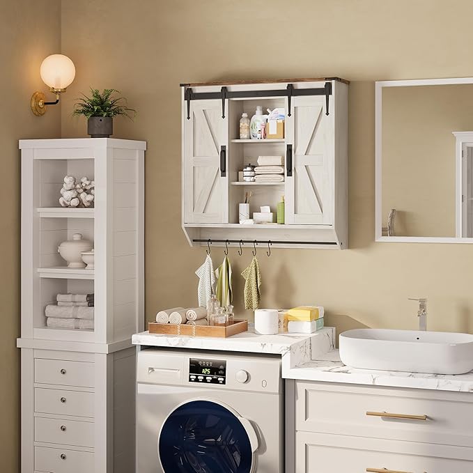 Farmhouse Medicine Cabinet 2 Sliding Barn Doors 3 Tier Rustic Wood Wall Storage Cabinet Adjustable Shelf Towel Bar Wall Mounted Bathroom Wall Cabinet (Antique White, 30.71 Inch)
