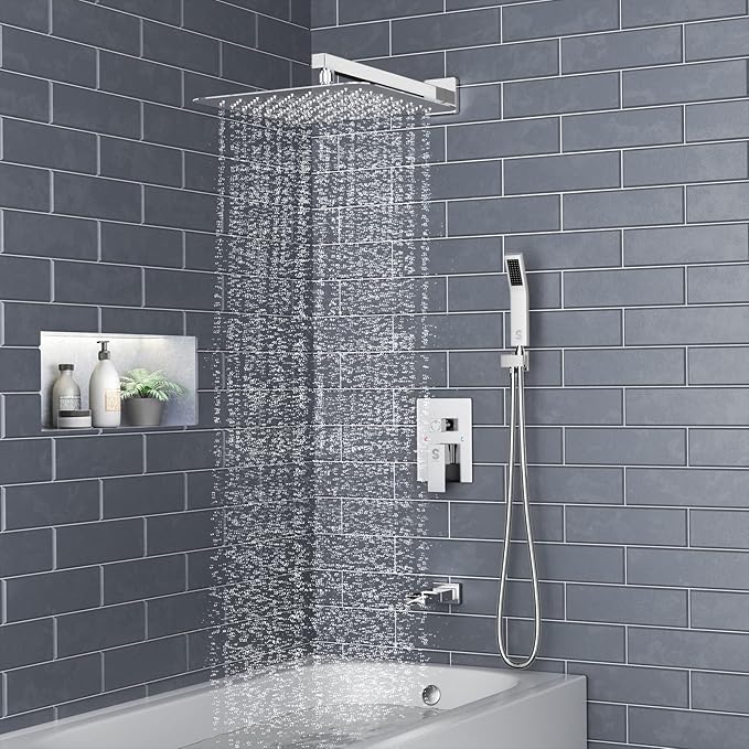 SR SUN RISE 8 Inches Wall Mounted Bathtub Shower Faucet Set All Metal Shower System with Tub Spout, Rain Shower Head and Handheld Sprayer Combo Shower Set, Modern Valve and Trim Kit, Polished Chrome