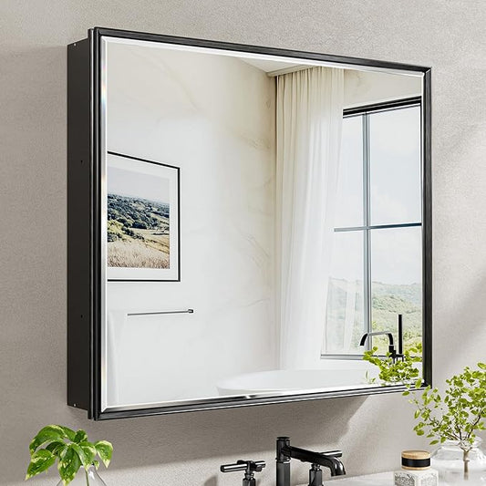 30''x 26'' Black Medicine Cabinet Mirror, Surface or Recessed Aluminum Framed Medicine Cabinet with Beveled Mirror, Full-Assembled, Adjustable Shelves,Reversible Bathroom Mirror with Storage