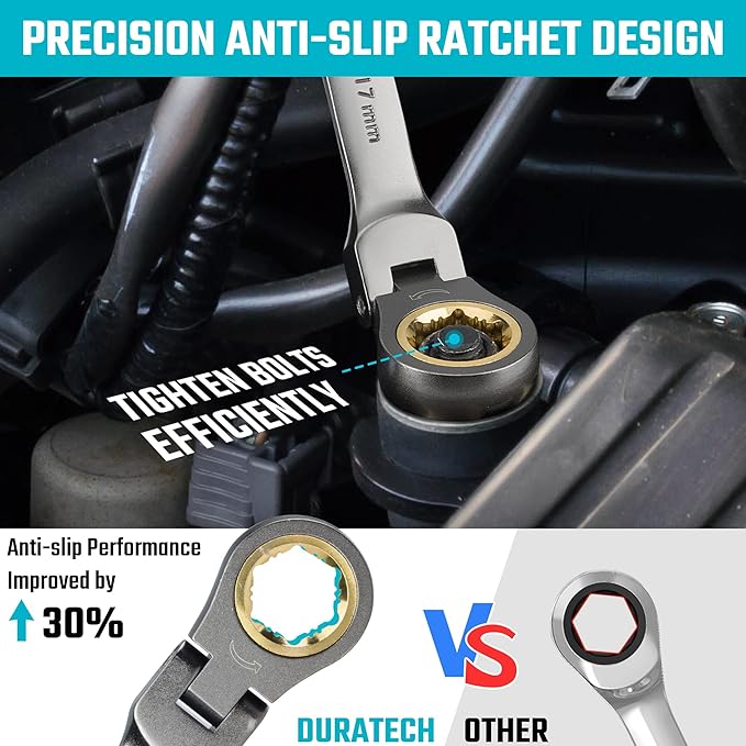 DURATECH Anti-Slip Flex-Head Ratcheting Wrench Set, Combination Wrench Set, 12-Piece, 72-Tooth, Metric, 8-19 mm, CR-V Steel, Organized in Storage Case
