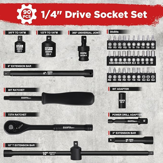 1/4" Drive Impact Socket Set 90 Piece, Metric Socket (4-15mm) and Standard SAE Size (5/32-9/16 inch), with 72-Teeth Ratchet, Screwdriver Bit Set, Mechanics Tool Kit for Home Use and Automotive Repair