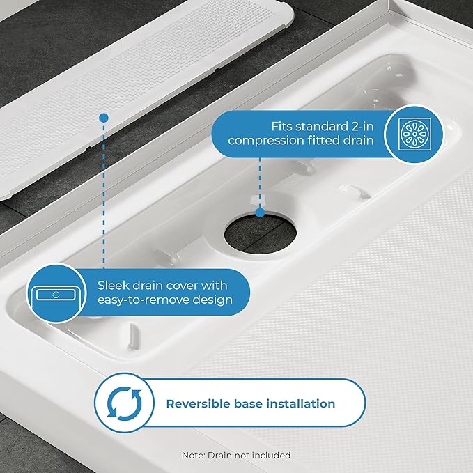OVE Decors 32-in W x 36-in D Shower Base Pan Rectangle, Hidden Side Drain, White Acrylic, Reversible Design