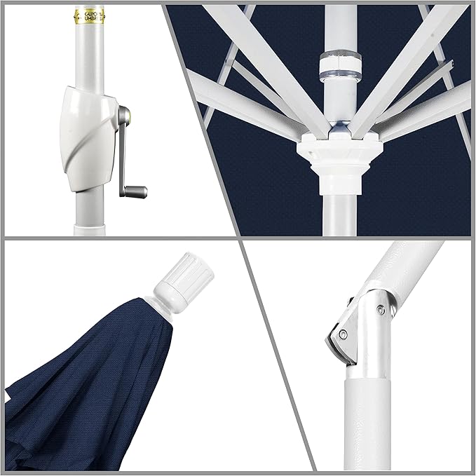 California Umbrella 7.5' Round Aluminum Market Umbrella, Crank Lift, Push Button Tilt, White Pole, Navy Blue Olefin