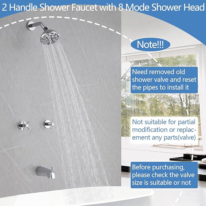 2 Handles Shower Faucet Set with Tub Spout Bathtub Shower Faucet Combo Set Shower System Complete Tub and Shower Trim Kit Wall Mounted Shower Fixtures Chrome