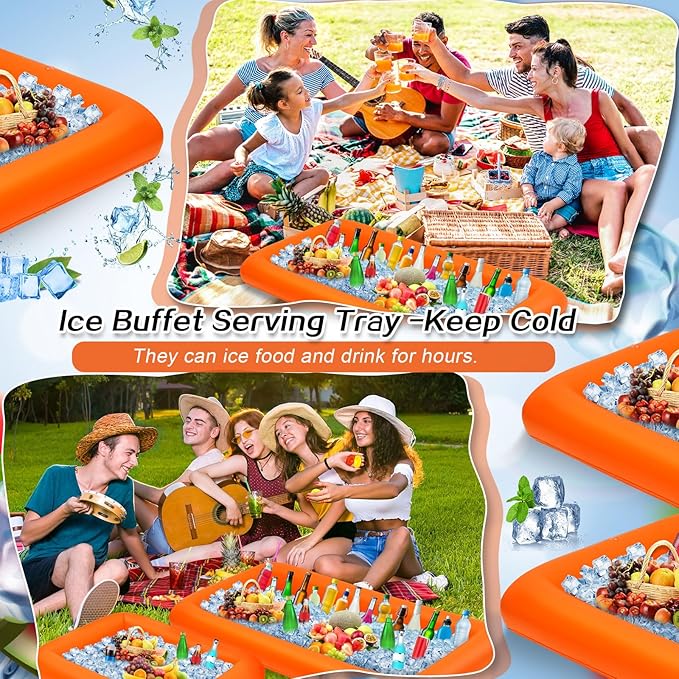 Leitee 4 Pcs Inflatable Ice Serving Bars Buffet Serving Tray Drink Cooler for Pool Party Inflatable Ice Tray Floating Food Drink Containers with Drain Plug and a Hand Pump, 2 Sizes (Orange)