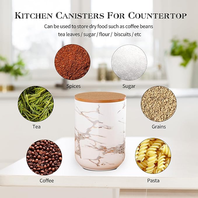 White Ceramic Canister Set with Wooden Lid, 3-Piece Food Storage Jars for Kitchen Counter, Storage Container for Sugar, Coffee, Tea, Spice