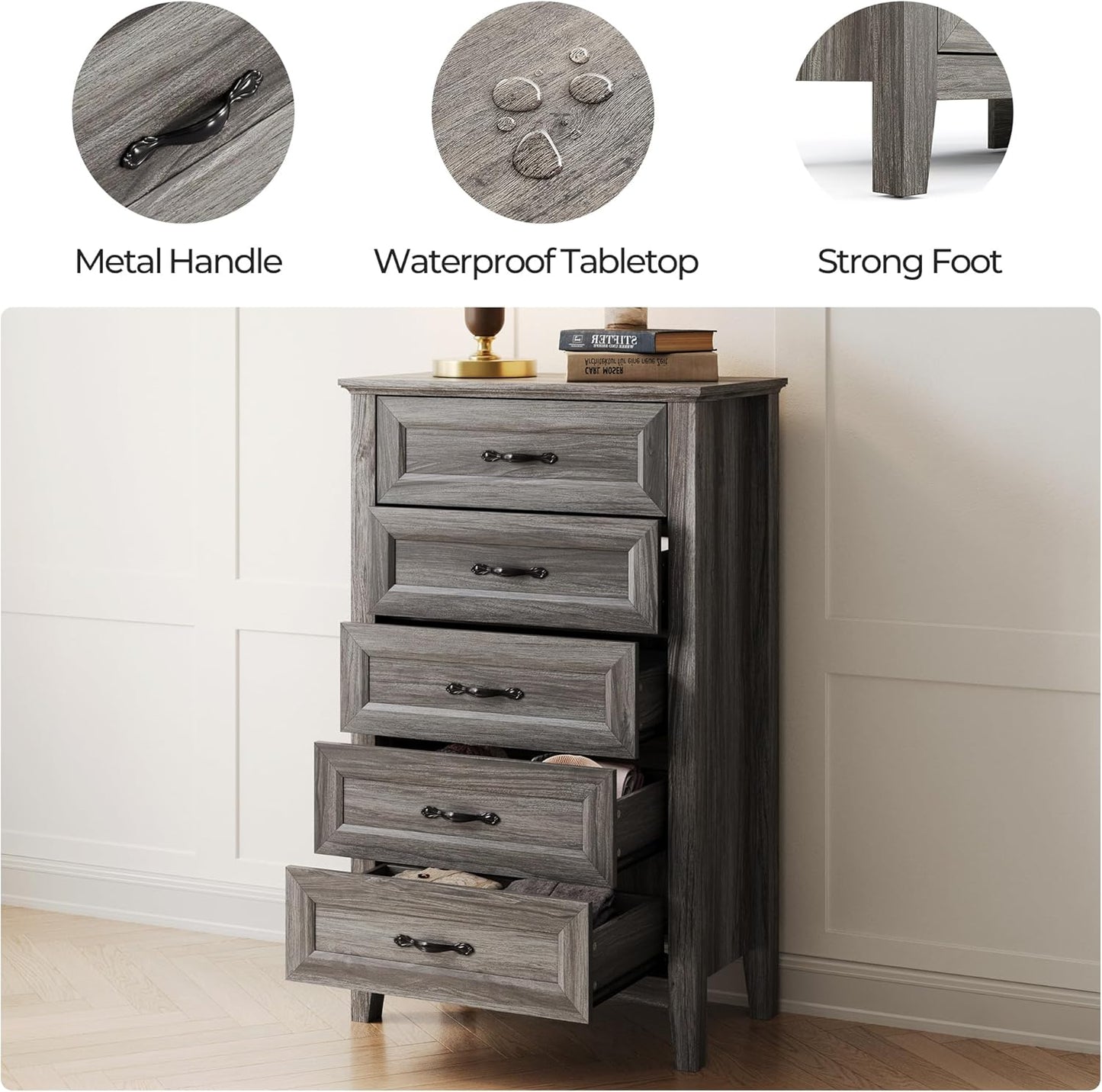 LINSY HOME Farmhouse 5-Drawer Dresser - Grey Chest of Drawers for Bedroom and Living Room Organization, Wood Dresser with Ample Storage Space and Rustic Charm