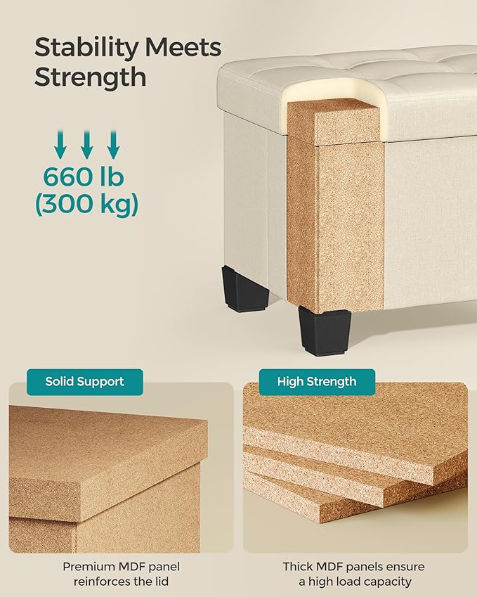 SONGMICS Storage Ottoman, Small Ottoman Foot Rest with Legs, 12.6 x 15.8 x 13.2 Inches Foot Stool, Load up to 660 lb, for Living Room, Bedroom, Dorm, Cream White ULSF012W01