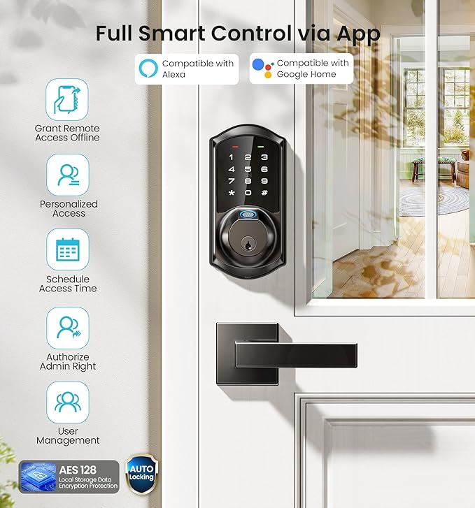 Veise VE07-L Fingerprint Smart Locks for Front Door with Zinc Alloy Handle Set, App Control, Keyless Entry, Electronic Digital Keypad Deadbolt, Auto Lock, Waterproof, Easy to Install, Matte Black